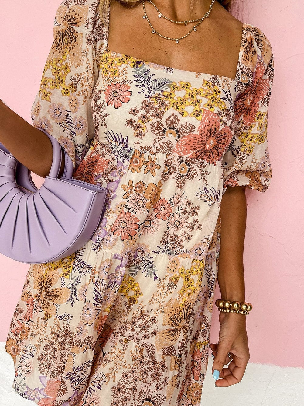 Khaki Square Neck Mini Dress with Floral Print
