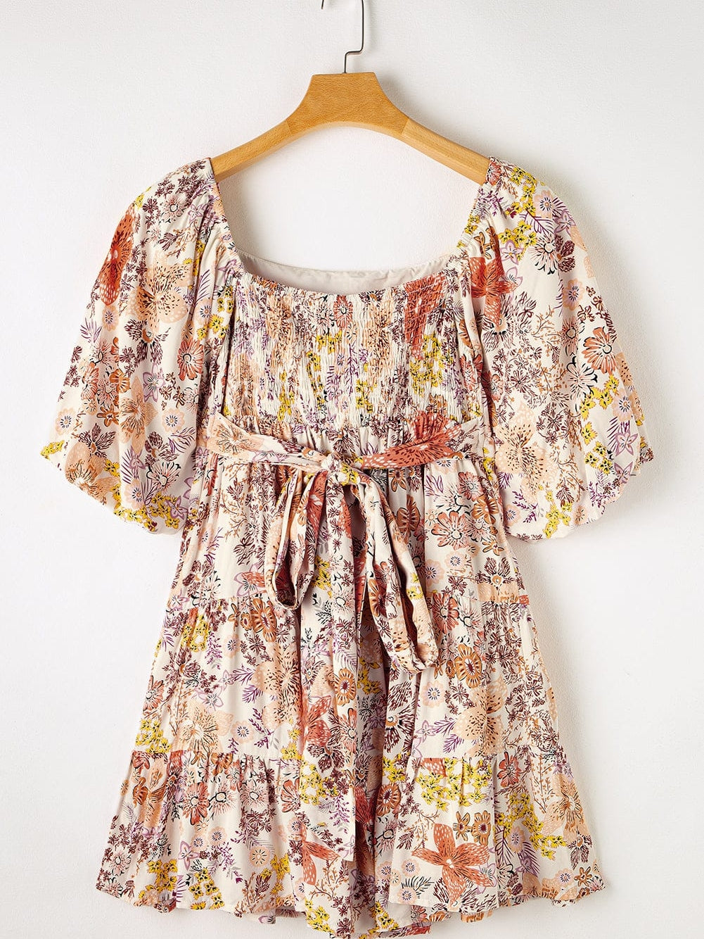 Khaki Square Neck Mini Dress with Floral Print