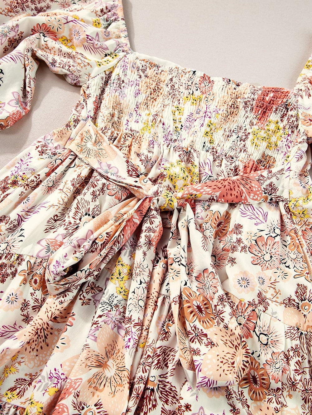 Khaki Square Neck Mini Dress with Floral Print