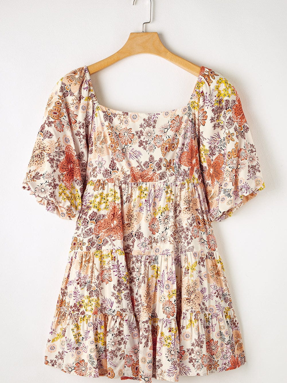 Khaki Square Neck Mini Dress with Floral Print