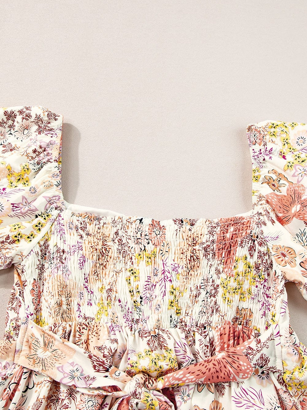 Khaki Square Neck Mini Dress with Floral Print