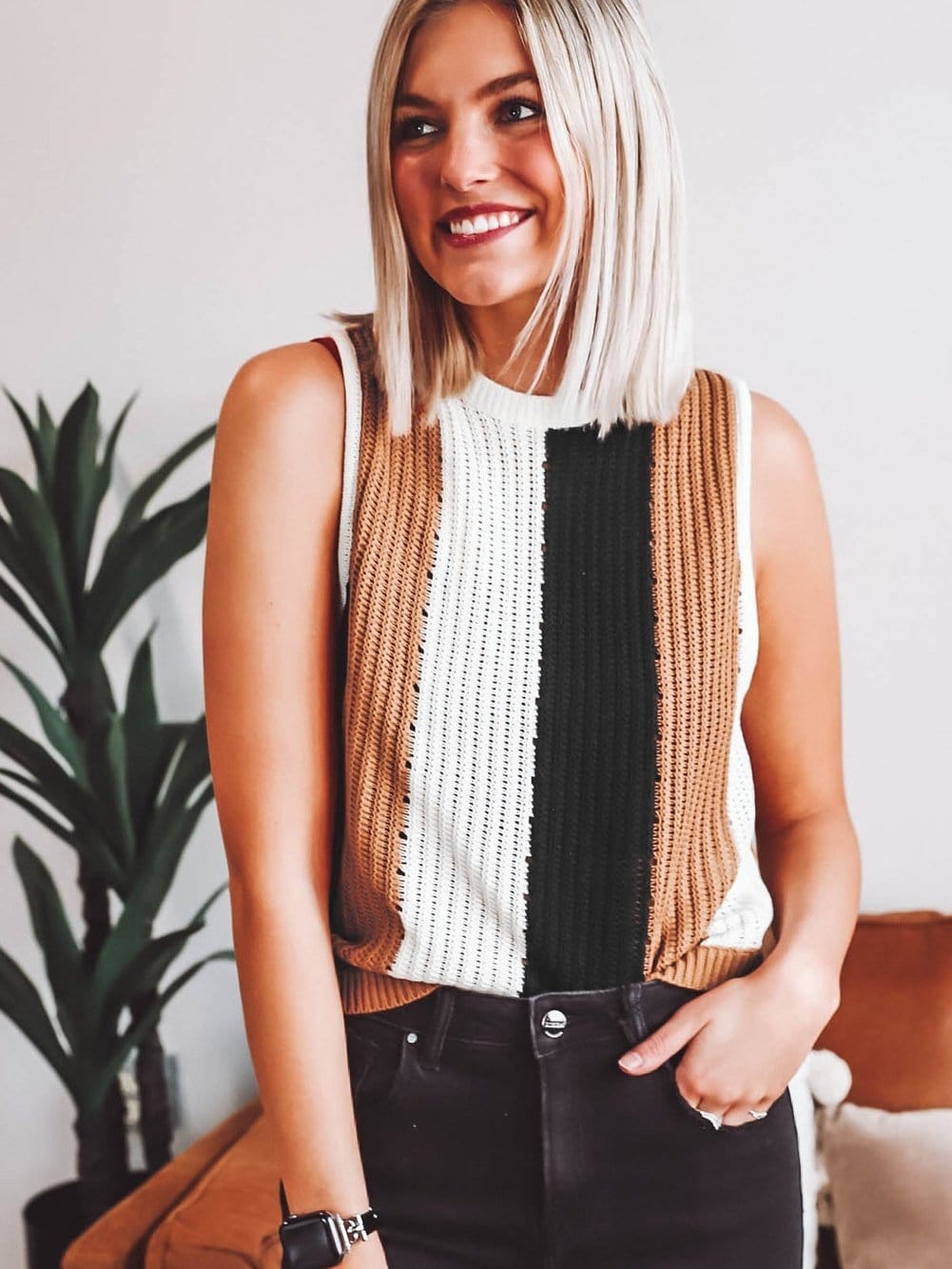 Khaki Striped Colorblock Knit Sleeveless Sweater Vest