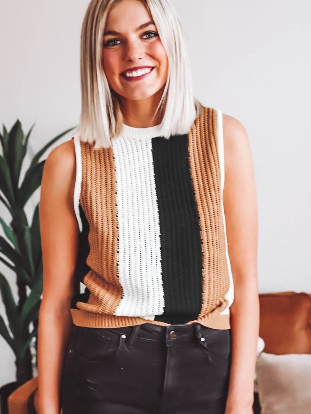 Khaki Striped Colorblock Knit Sleeveless Sweater Vest