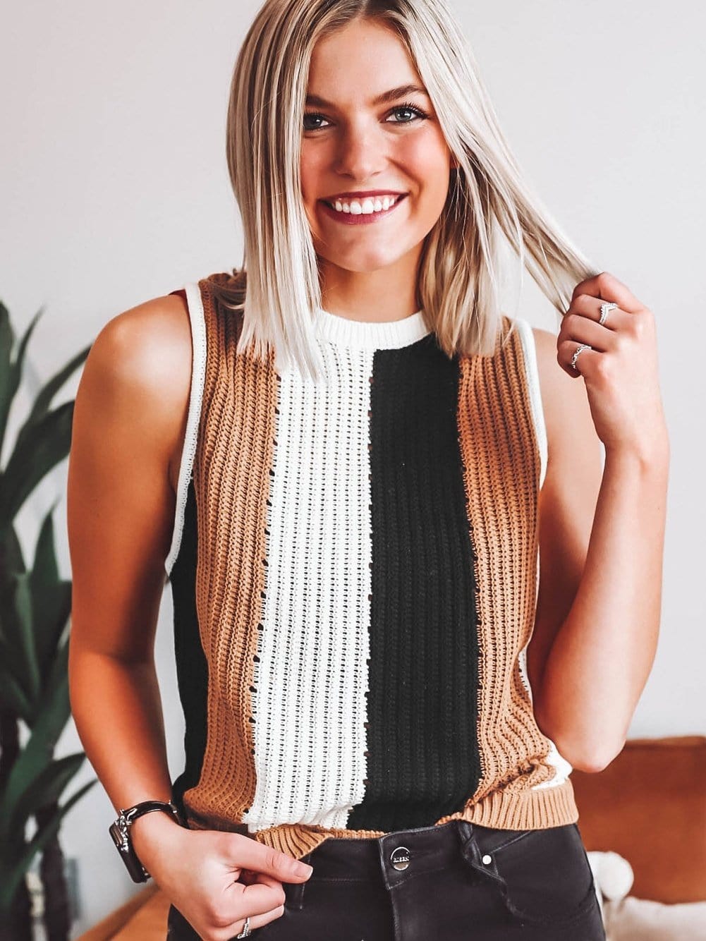 Khaki Striped Colorblock Knit Sleeveless Sweater Vest