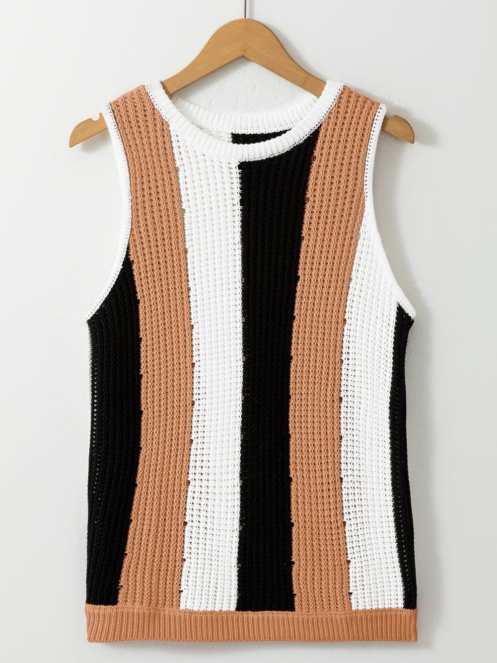 Khaki Striped Colorblock Knit Sleeveless Sweater Vest