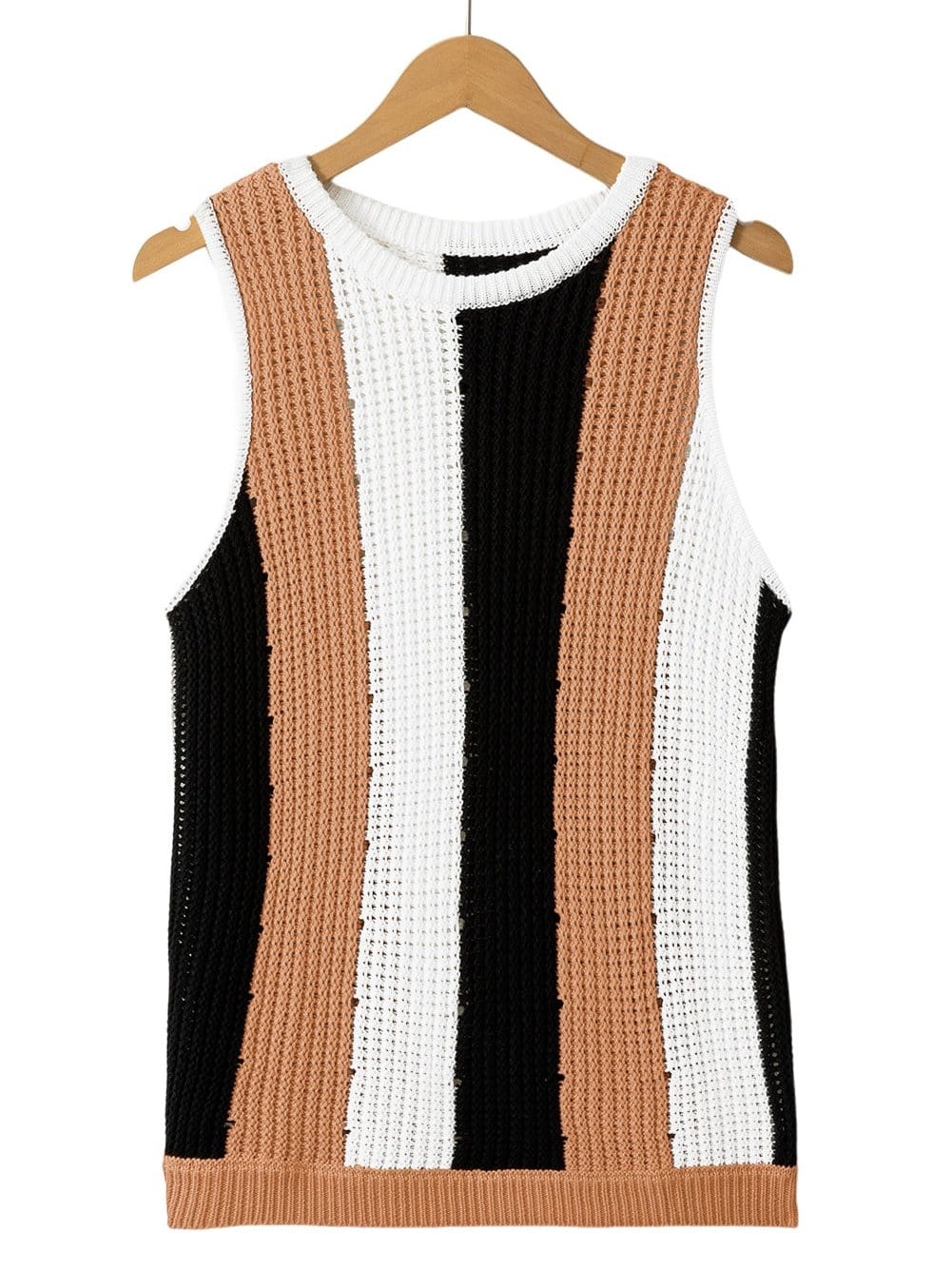Khaki Striped Colorblock Knit Sleeveless Sweater Vest