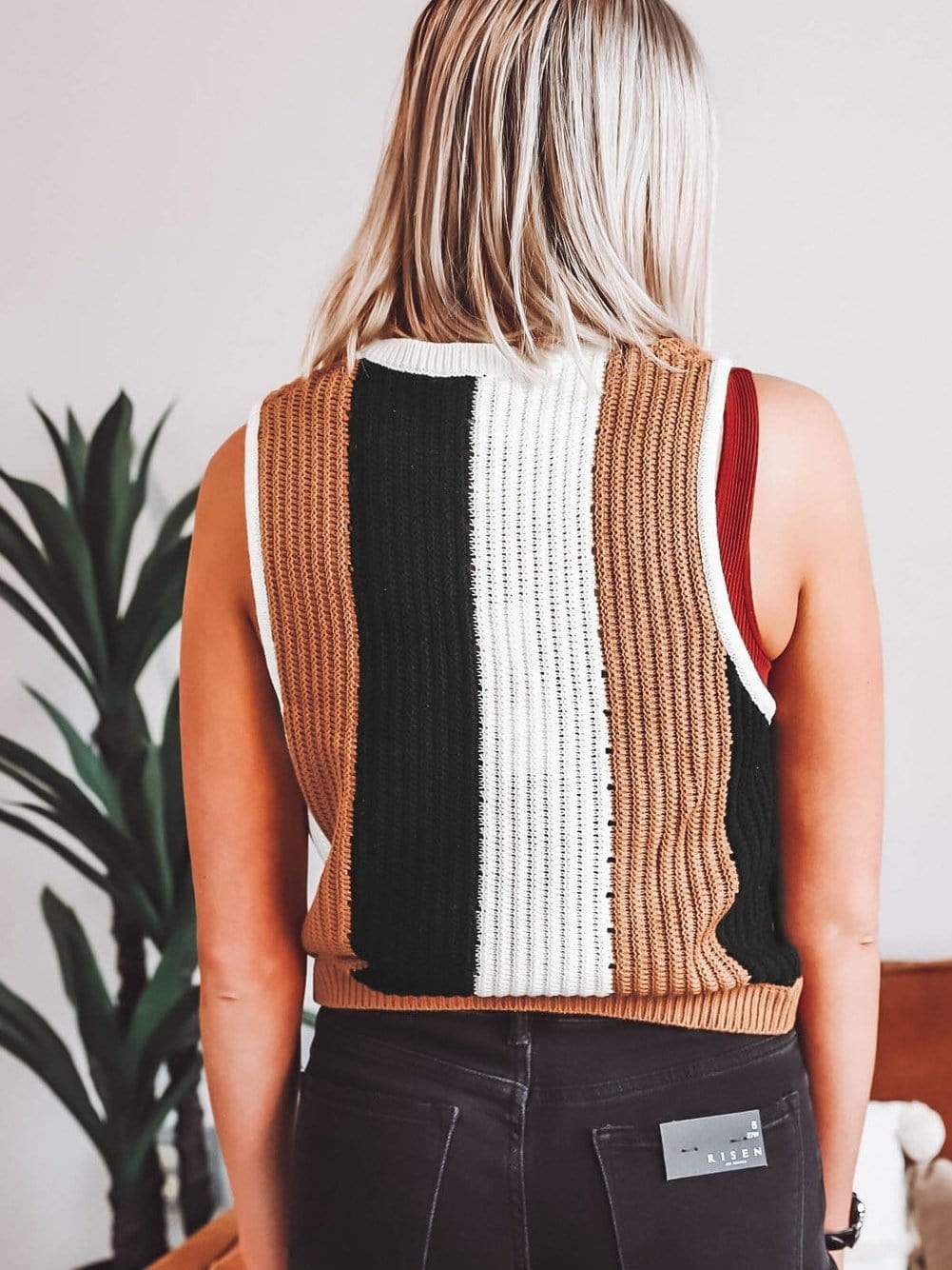 Khaki Striped Colorblock Knit Sleeveless Sweater Vest