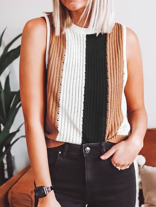 Khaki Striped Colorblock Knit Sleeveless Sweater Vest