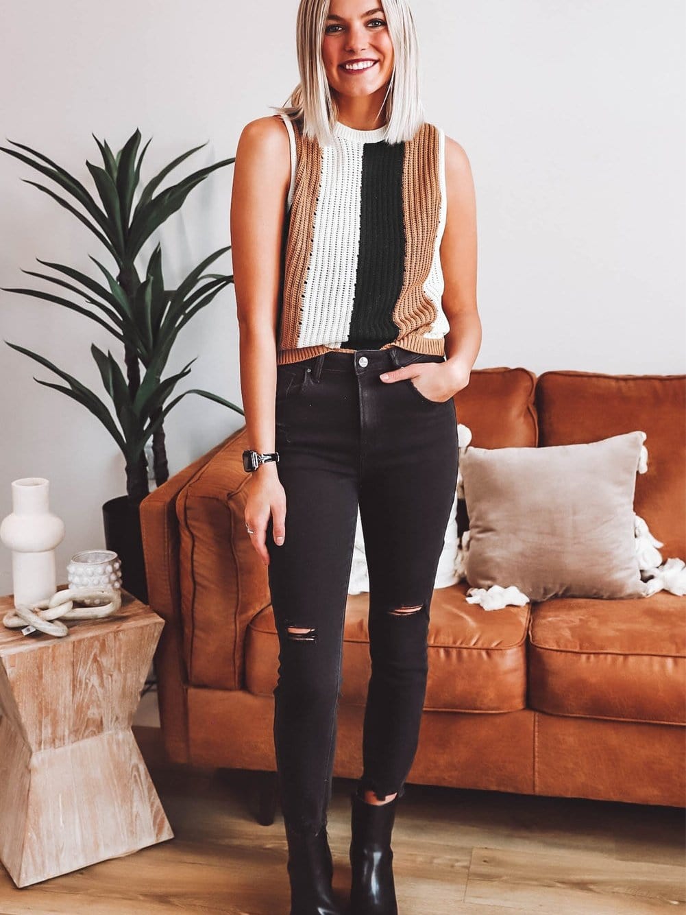 Khaki Striped Colorblock Knit Sleeveless Sweater Vest