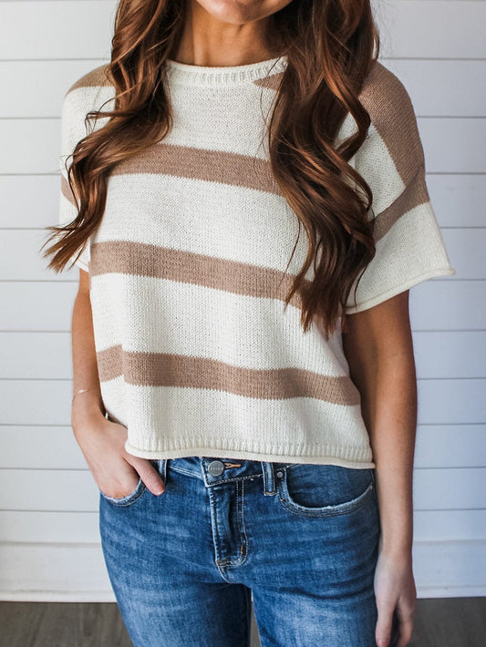 Khaki Striped Drop Shoulder Casual Knit Top