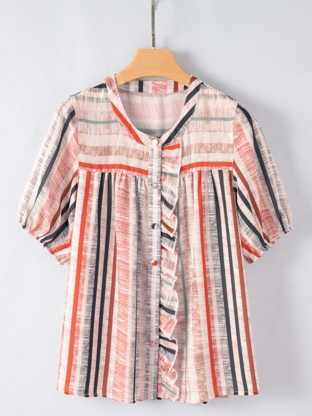Khaki Striped Frill Detail Multicolor Shirt