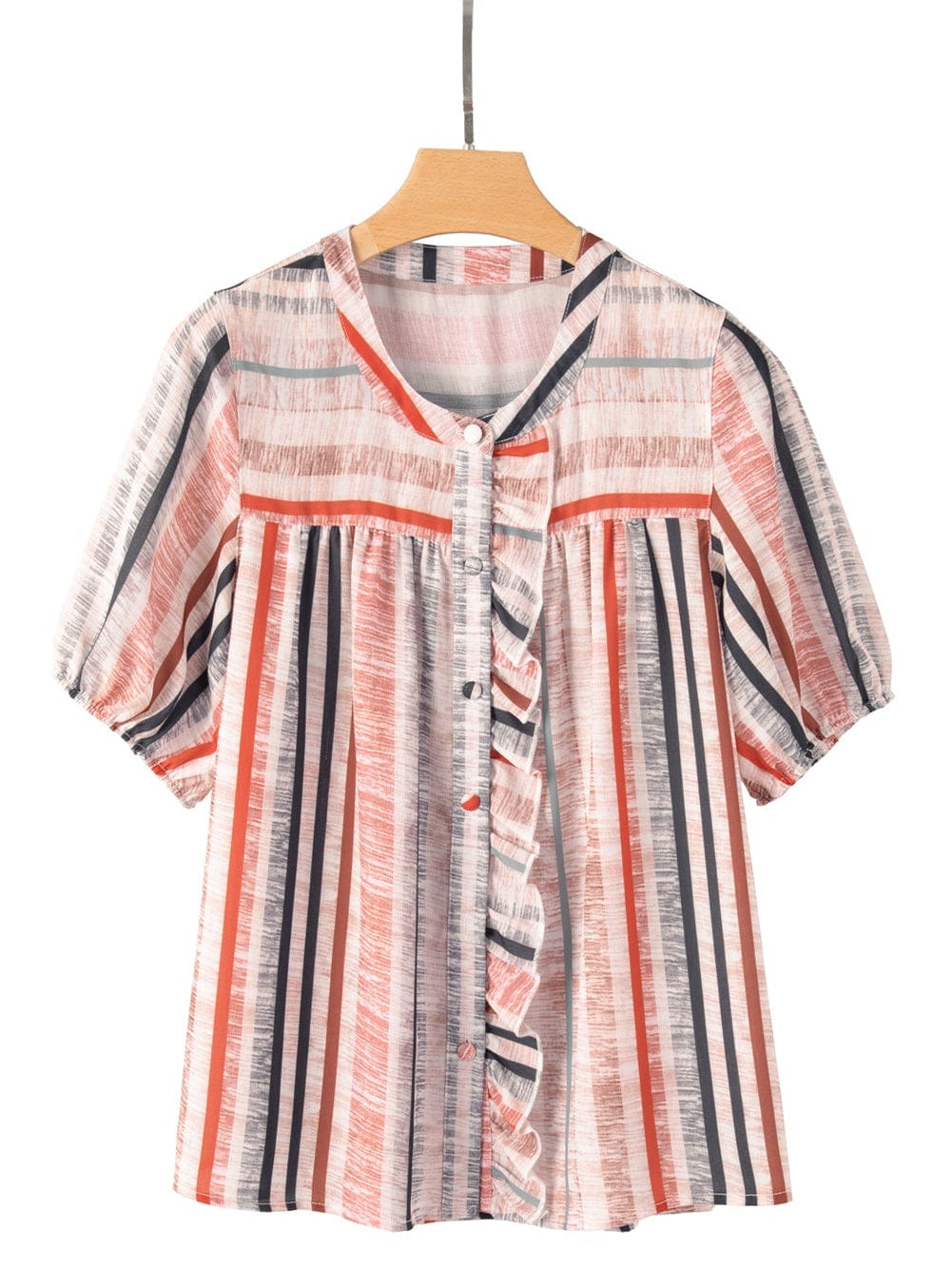 Khaki Striped Frill Detail Multicolor Shirt