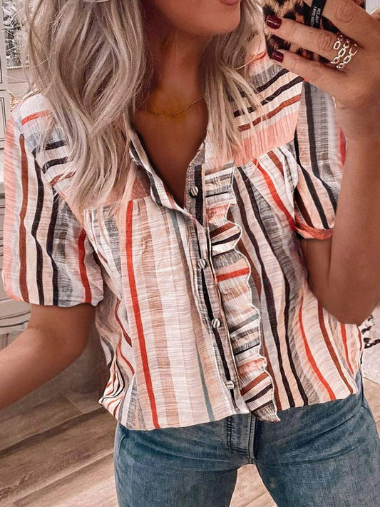 Khaki Striped Frill Detail Multicolor Shirt