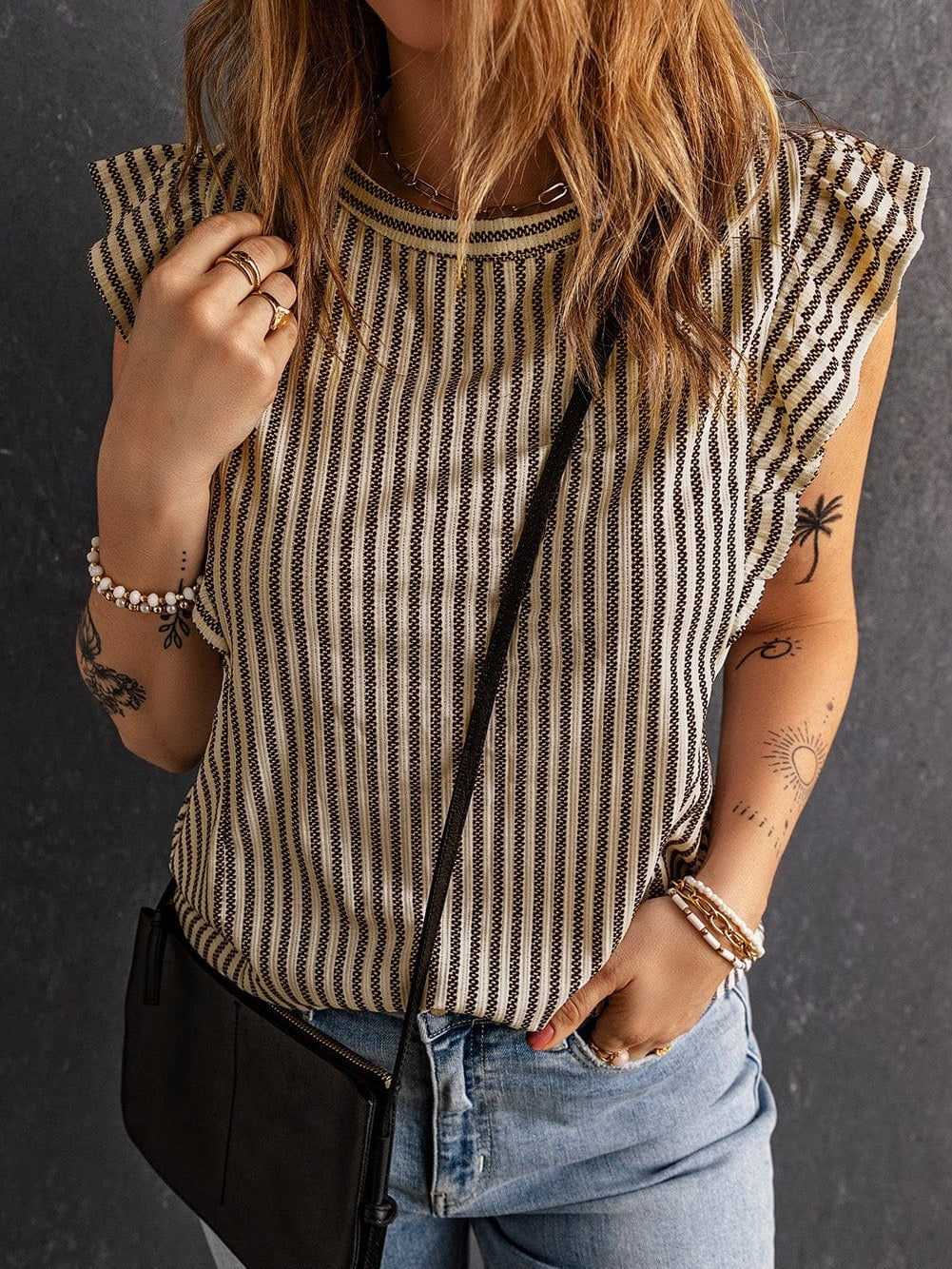 Khaki Striped Ruffled Crew Neck Tank Top