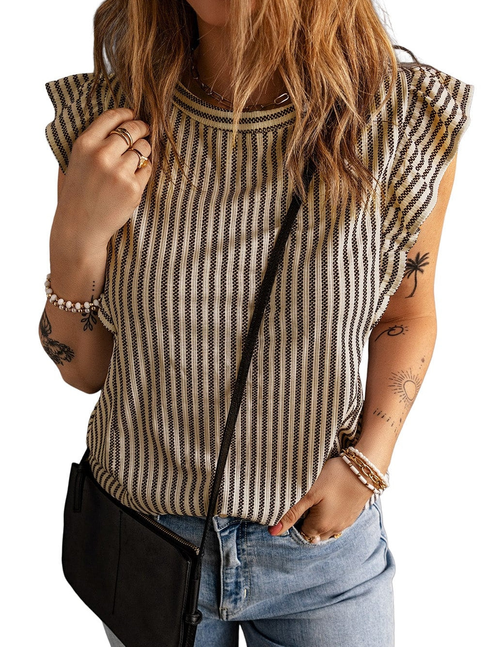 Khaki Striped Ruffled Crew Neck Tank Top