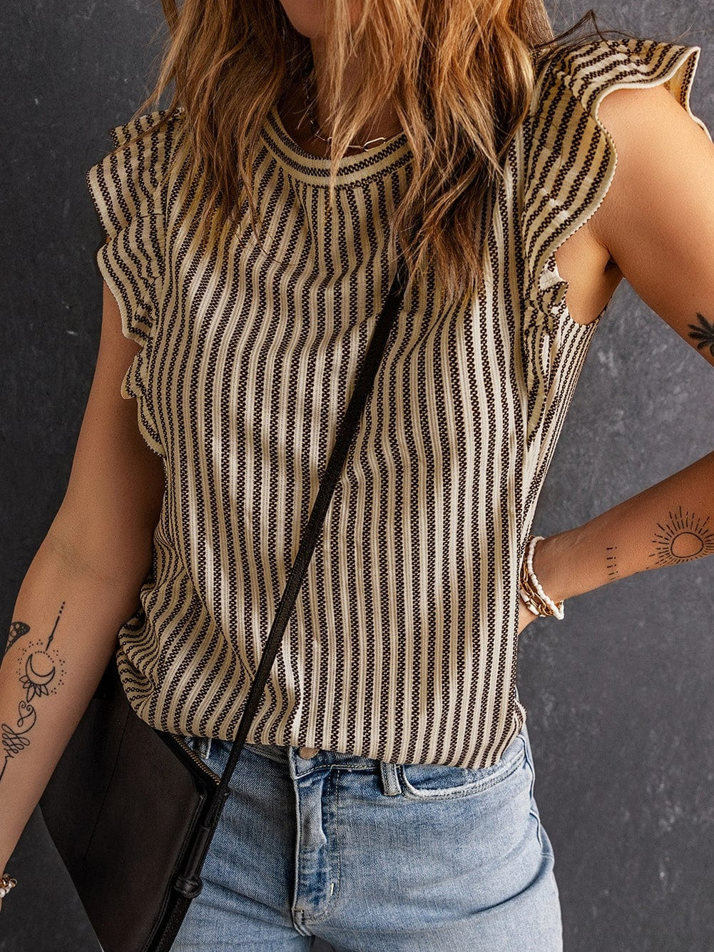 Khaki Striped Ruffled Crew Neck Tank Top