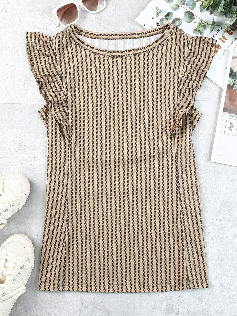 Khaki Striped Ruffled Crew Neck Tank Top