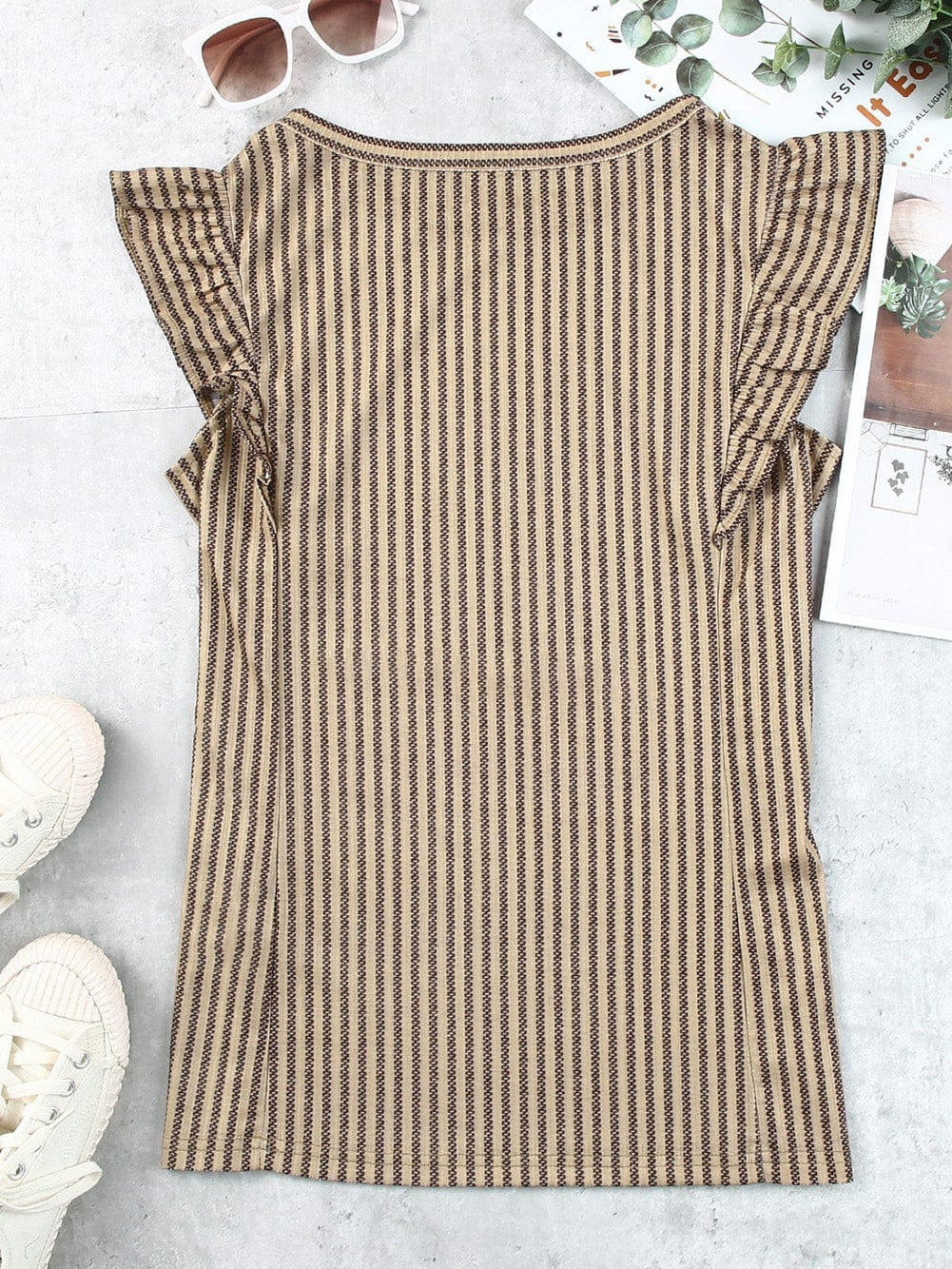 Khaki Striped Ruffled Crew Neck Tank Top