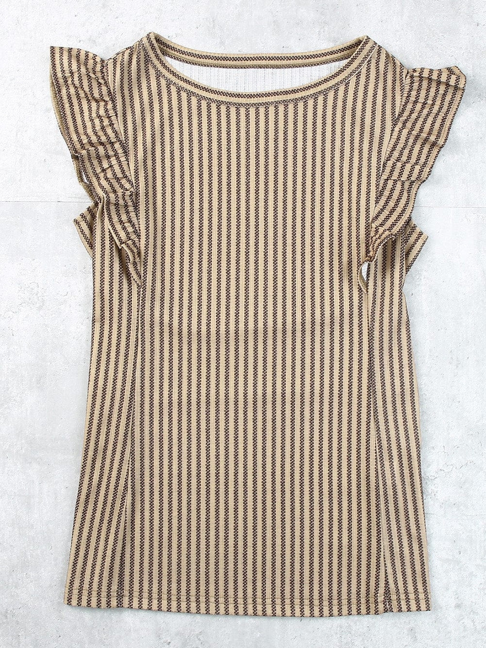 Khaki Striped Ruffled Crew Neck Tank Top