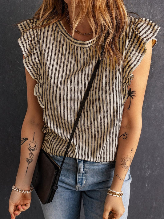 Khaki Striped Ruffled Crew Neck Tank Top
