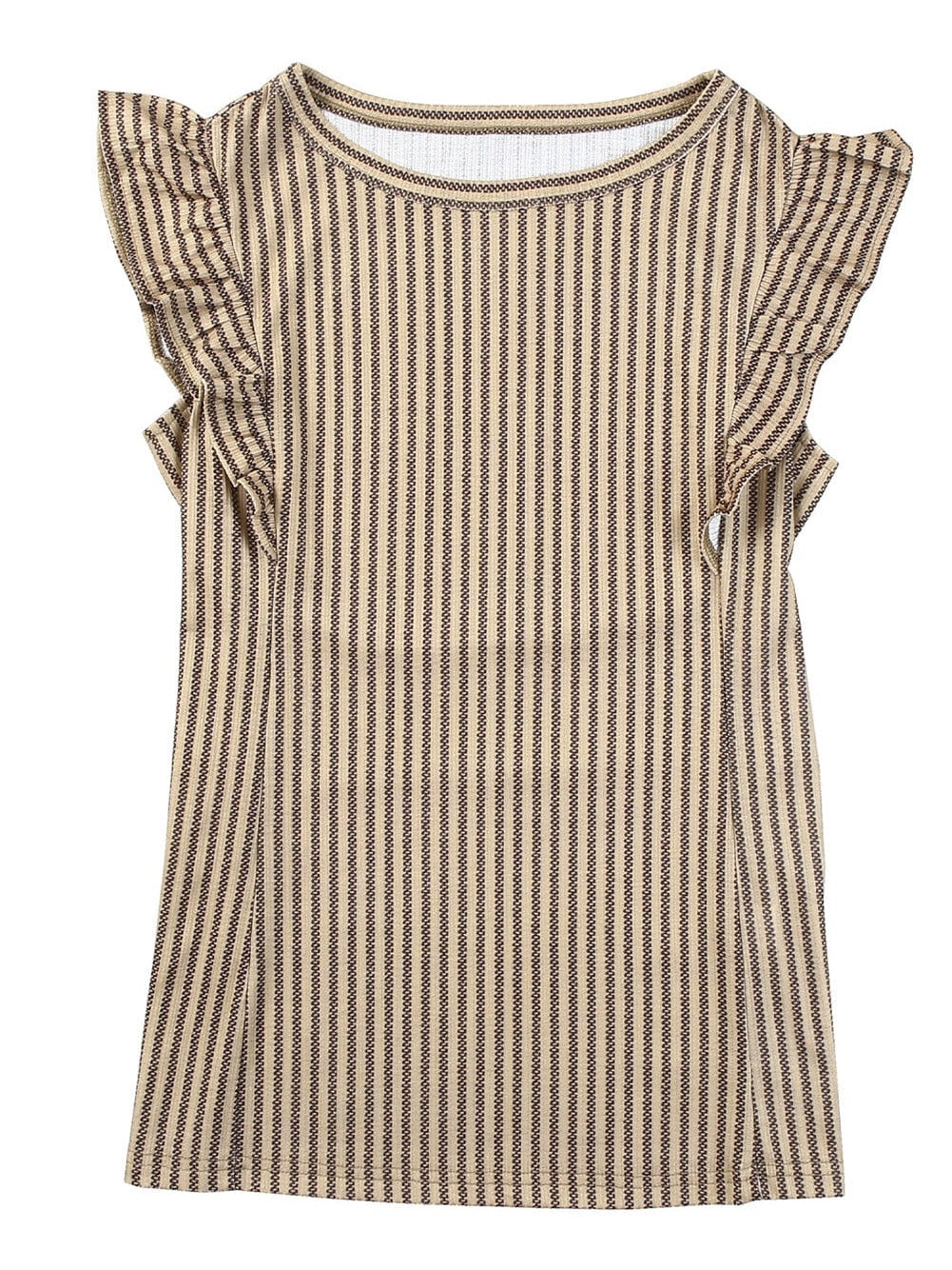 Khaki Striped Ruffled Crew Neck Tank Top