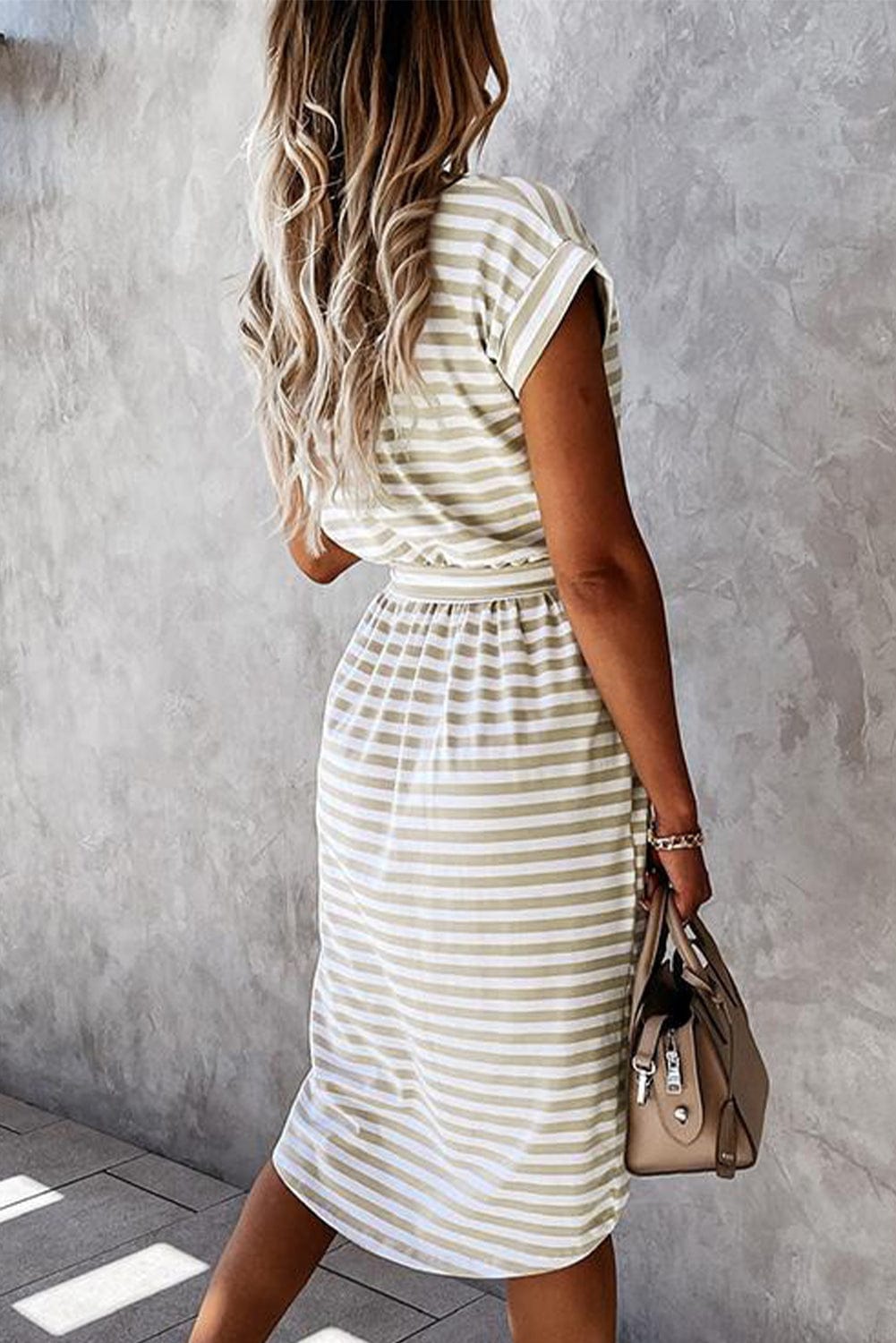 Khaki Striped Short Sleeve High Waist T-Shirt Dress with Wrapped Hemline