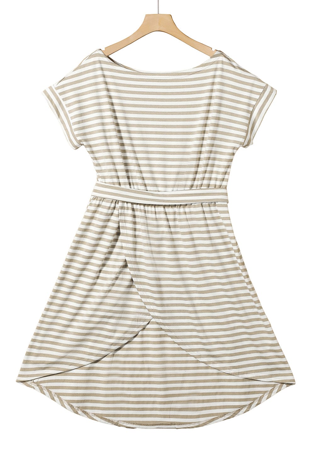 Khaki Striped Short Sleeve High Waist T-Shirt Dress with Wrapped Hemline
