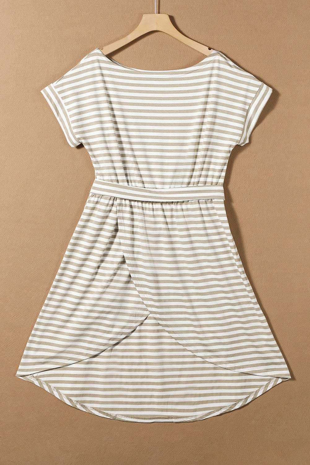 Khaki Striped Short Sleeve High Waist T-Shirt Dress with Wrapped Hemline