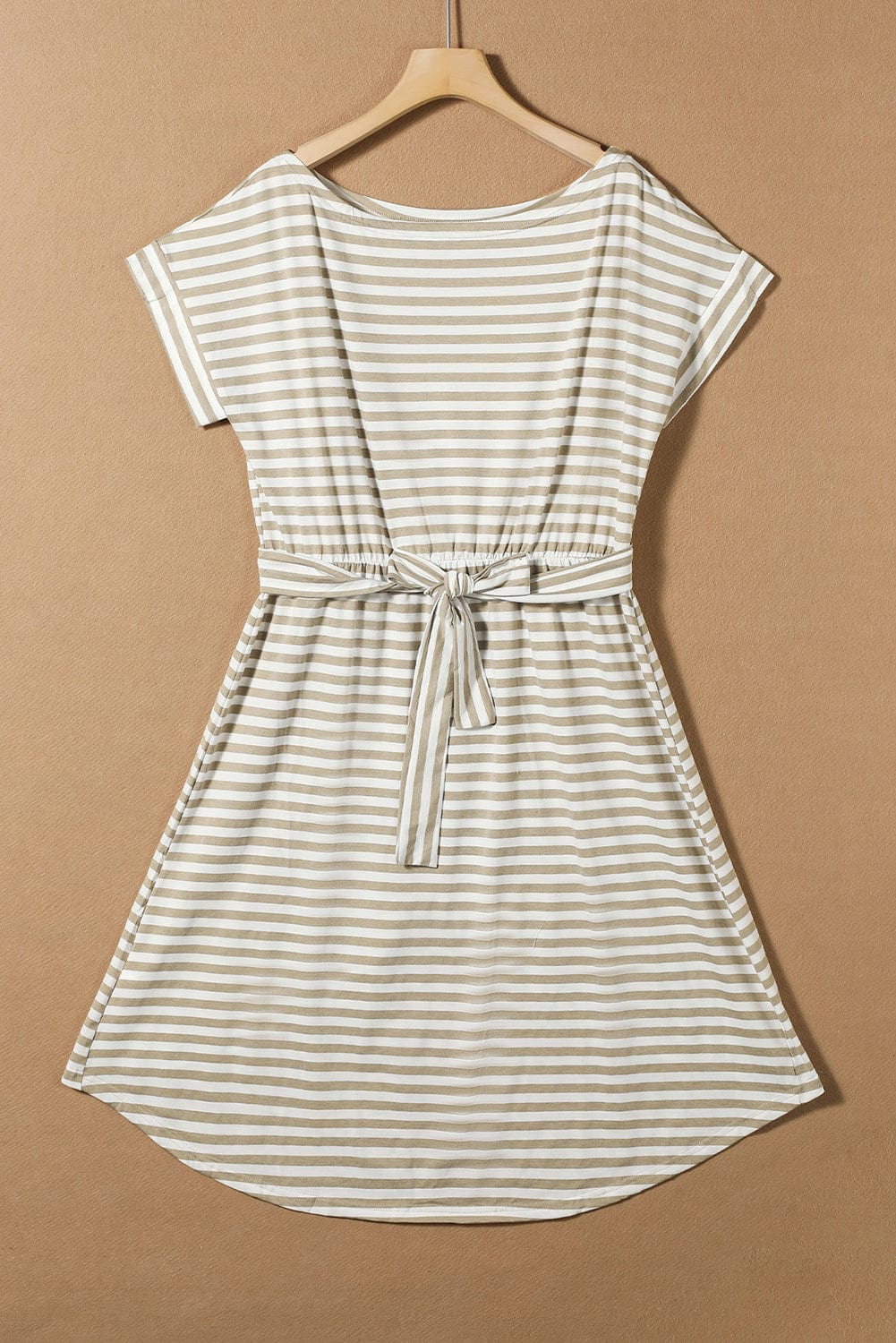 Khaki Striped Short Sleeve High Waist T-Shirt Dress with Wrapped Hemline