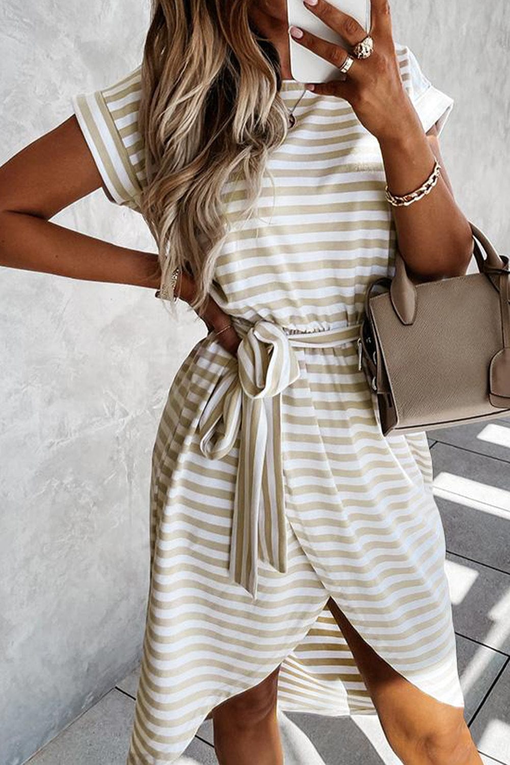 Khaki Striped Short Sleeve High Waist T-Shirt Dress with Wrapped Hemline