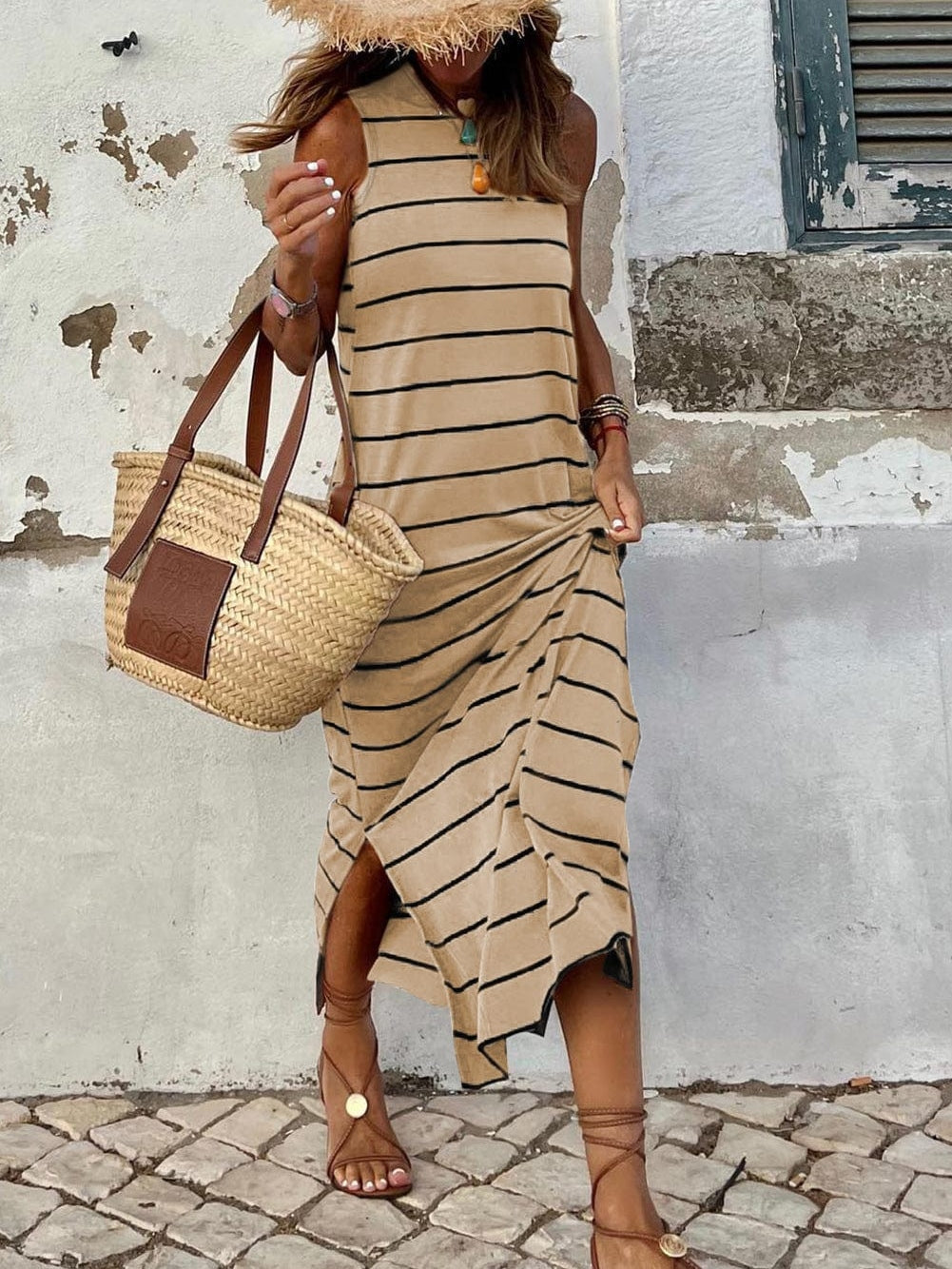 Khaki Striped Sleeveless Maxi Dress with Open Back and Side Slits