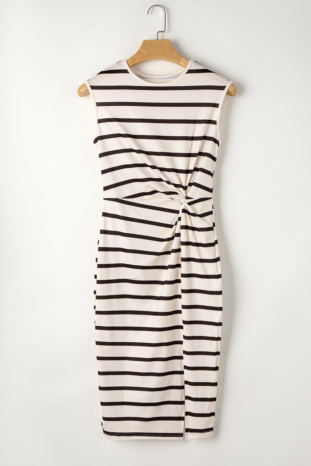 Khaki Striped Twist Detail Split Thigh Midi Dress