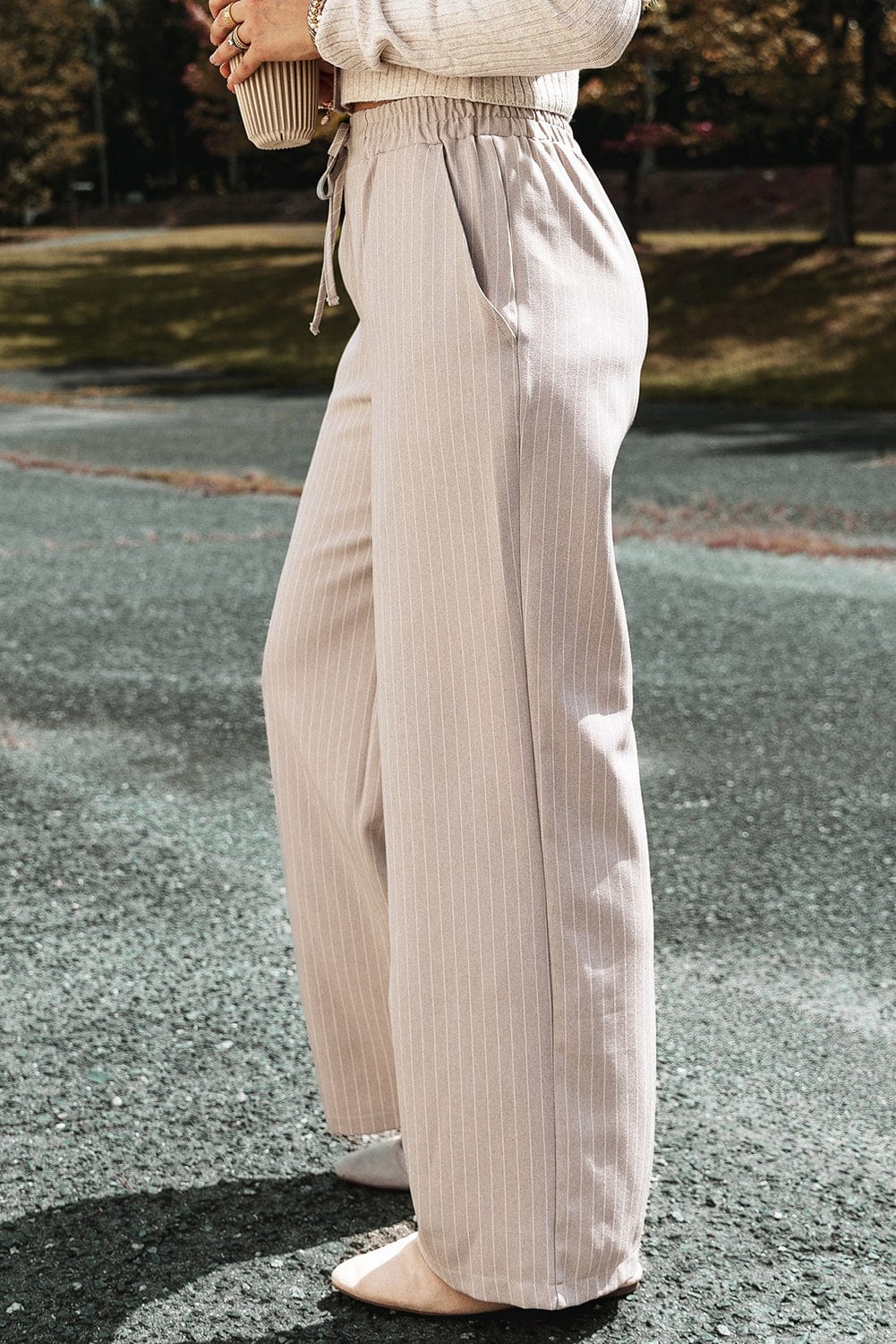 Khaki Striped Wide Leg Elastic Waist Casual Trousers