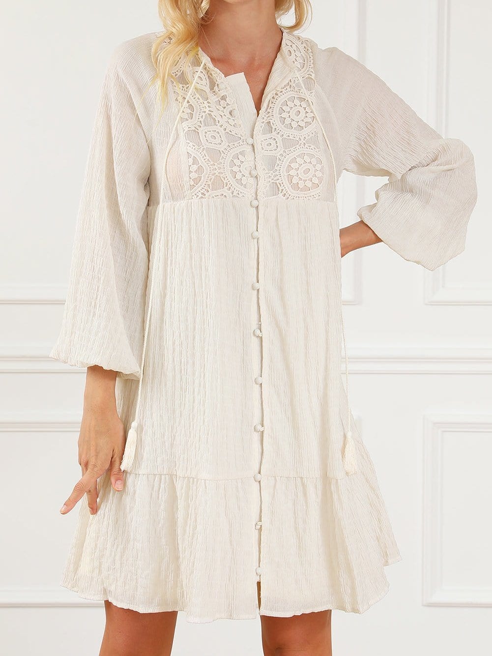 Khaki Tassel Tie Lace Detail Mini Dress