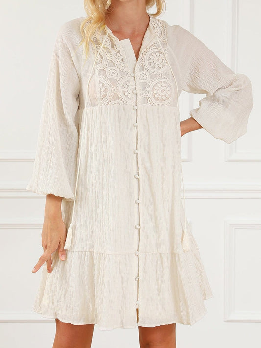 Khaki Tassel Tie Lace Detail Mini Dress
