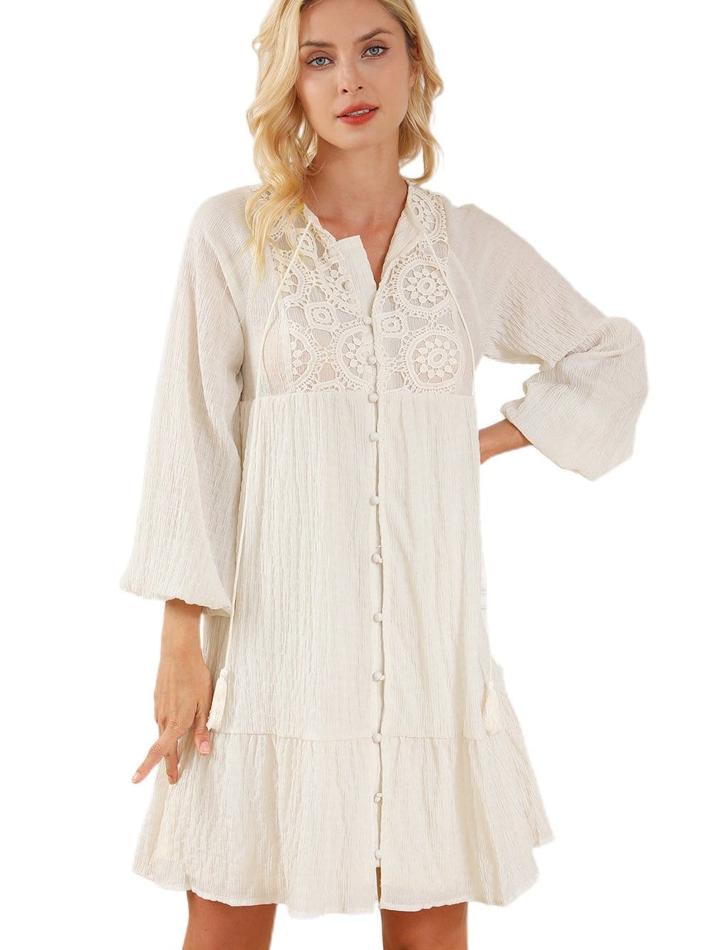 Khaki Tassel Tie Lace Detail Mini Dress