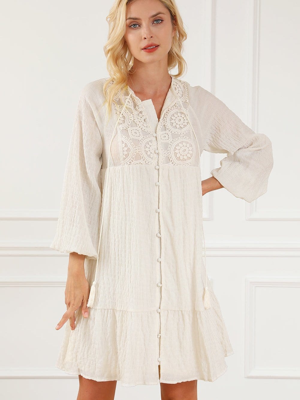 Khaki Tassel Tie Lace Detail Mini Dress