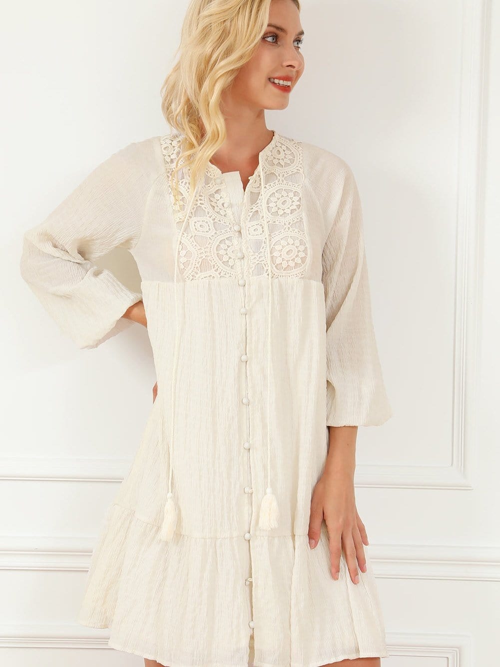 Khaki Tassel Tie Lace Detail Mini Dress