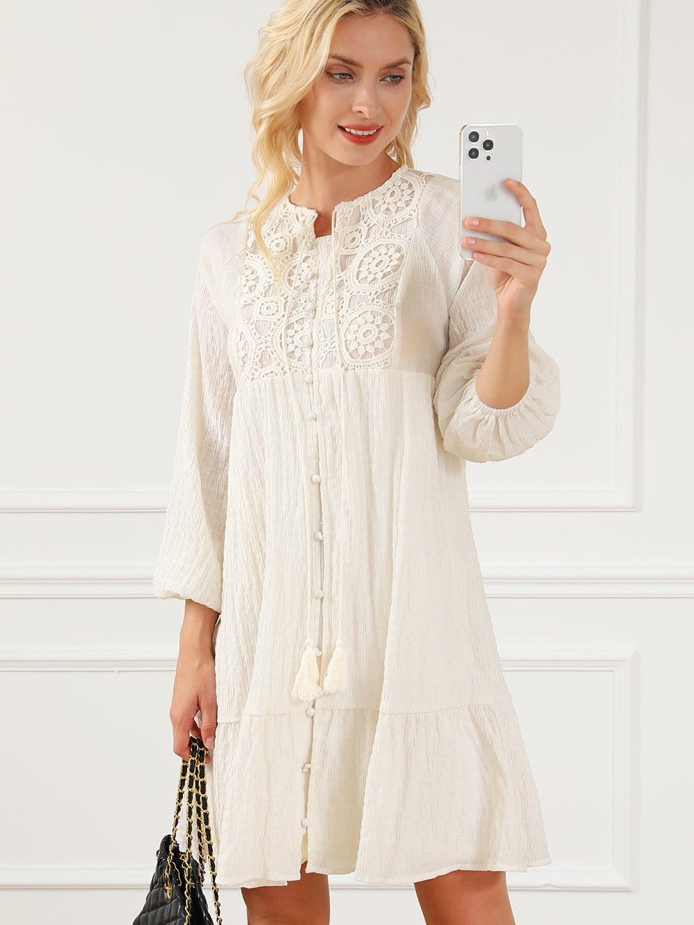 Khaki Tassel Tie Lace Detail Mini Dress