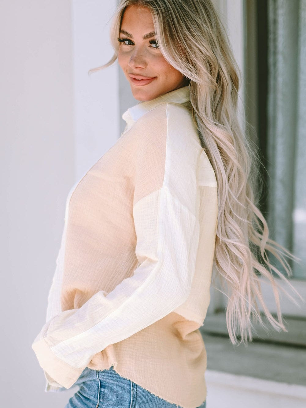 Khaki Textured Button-Up Shirt with Raw Hem and Color Detail