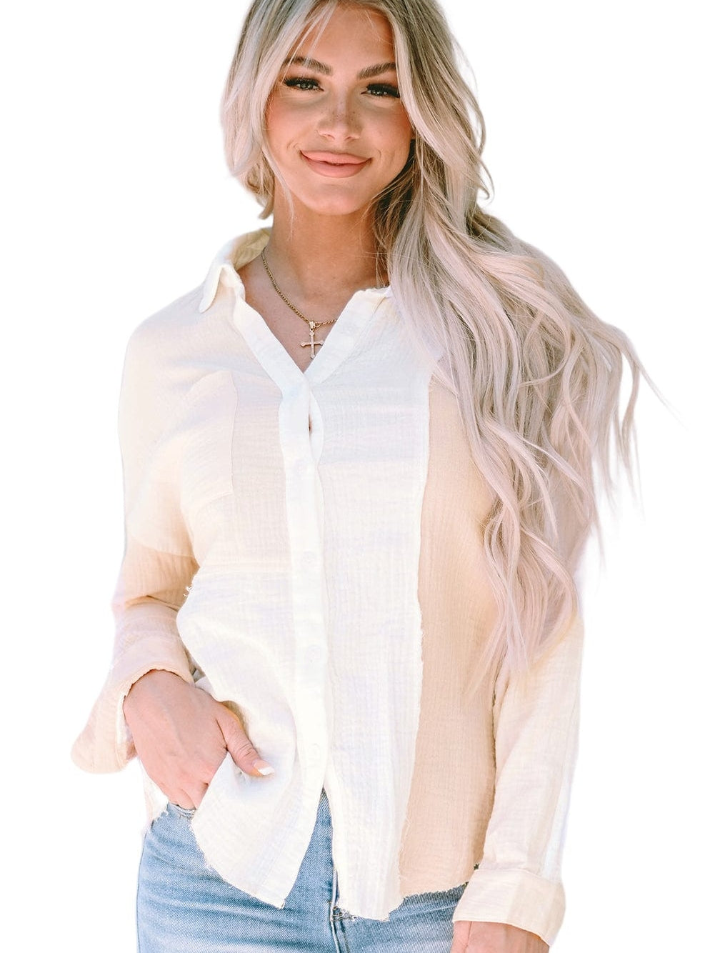 Khaki Textured Button-Up Shirt with Raw Hem and Color Detail