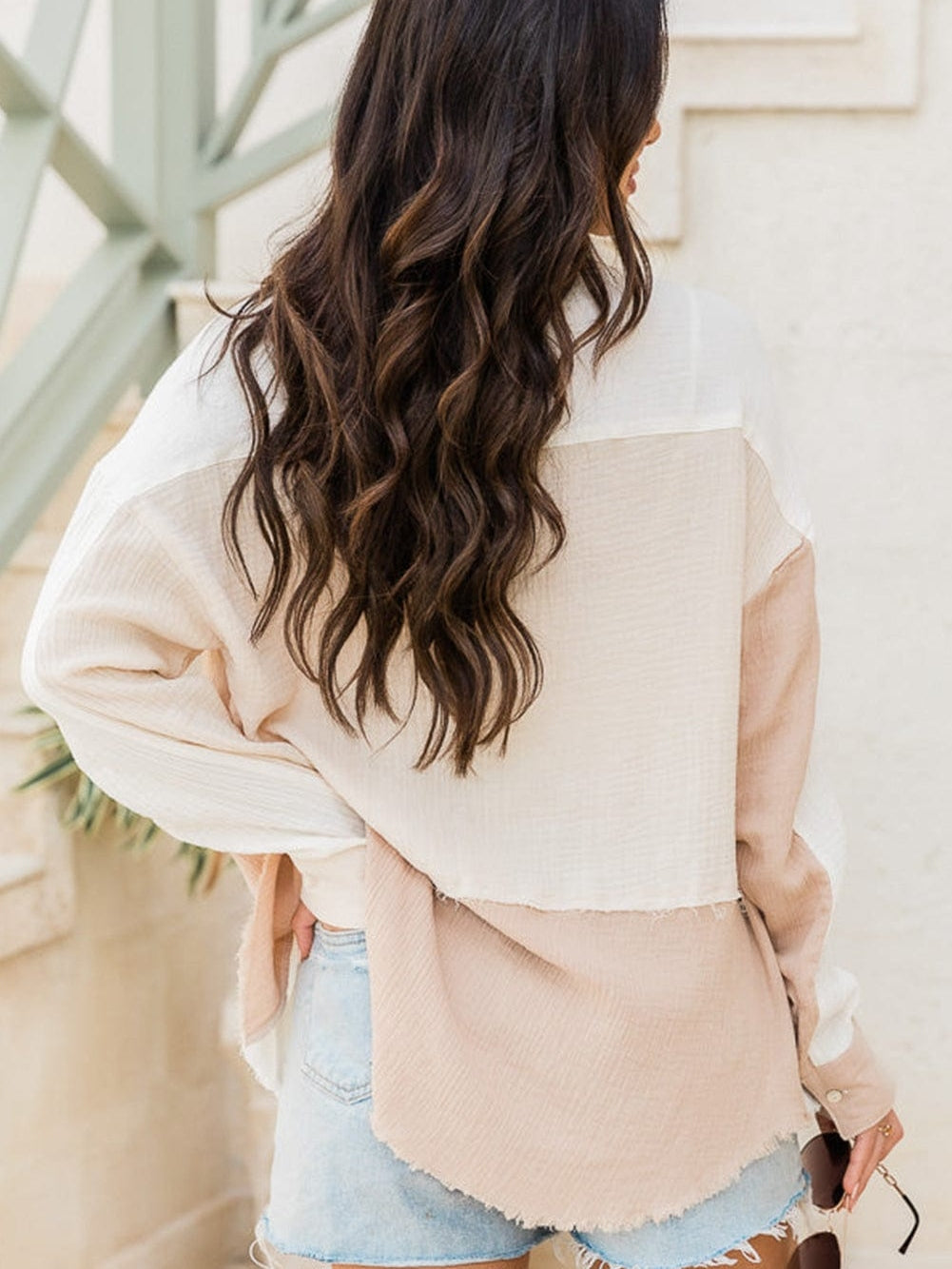 Khaki Textured Button-Up Shirt with Raw Hem and Color Detail