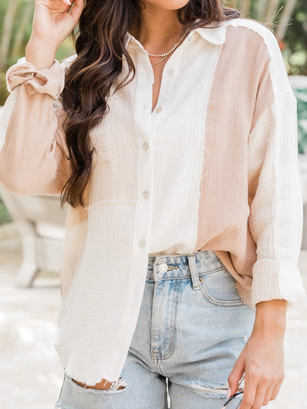 Khaki Textured Button-Up Shirt with Raw Hem and Color Detail