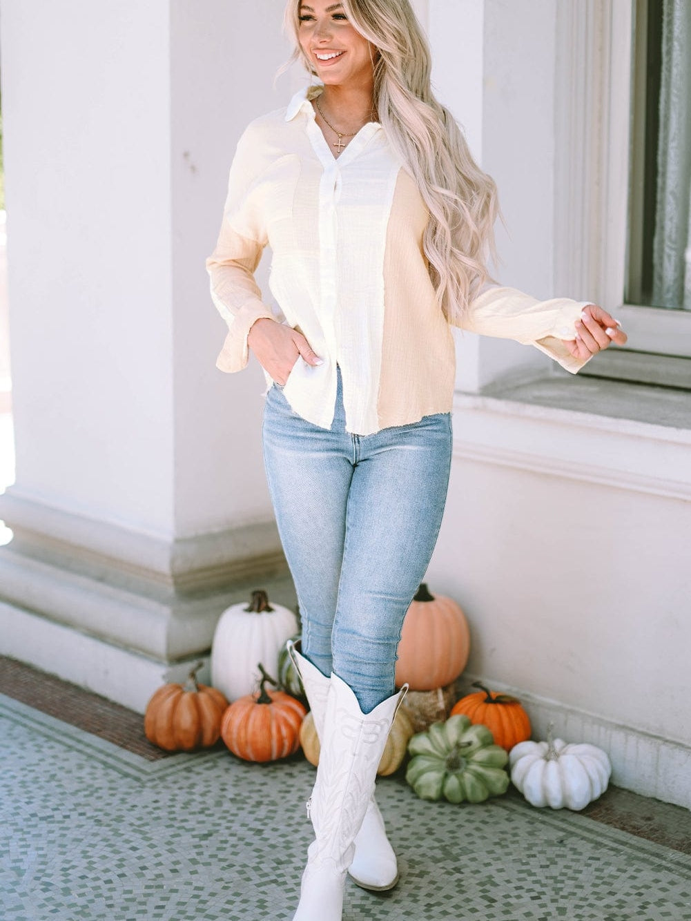 Khaki Textured Button-Up Shirt with Raw Hem and Color Detail