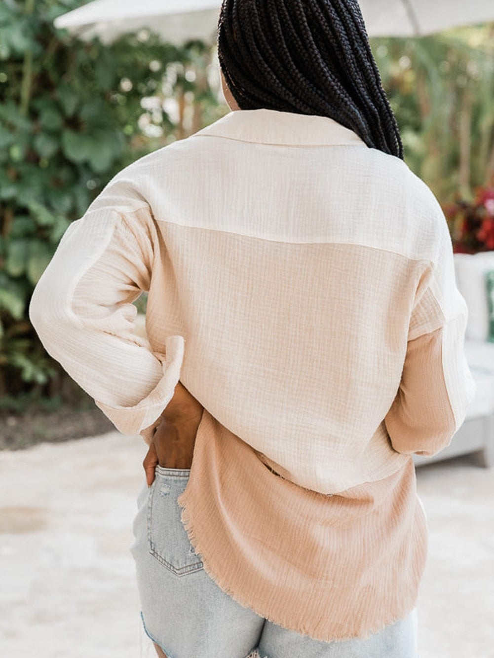 Khaki Textured Button-Up Shirt with Raw Hem and Color Detail