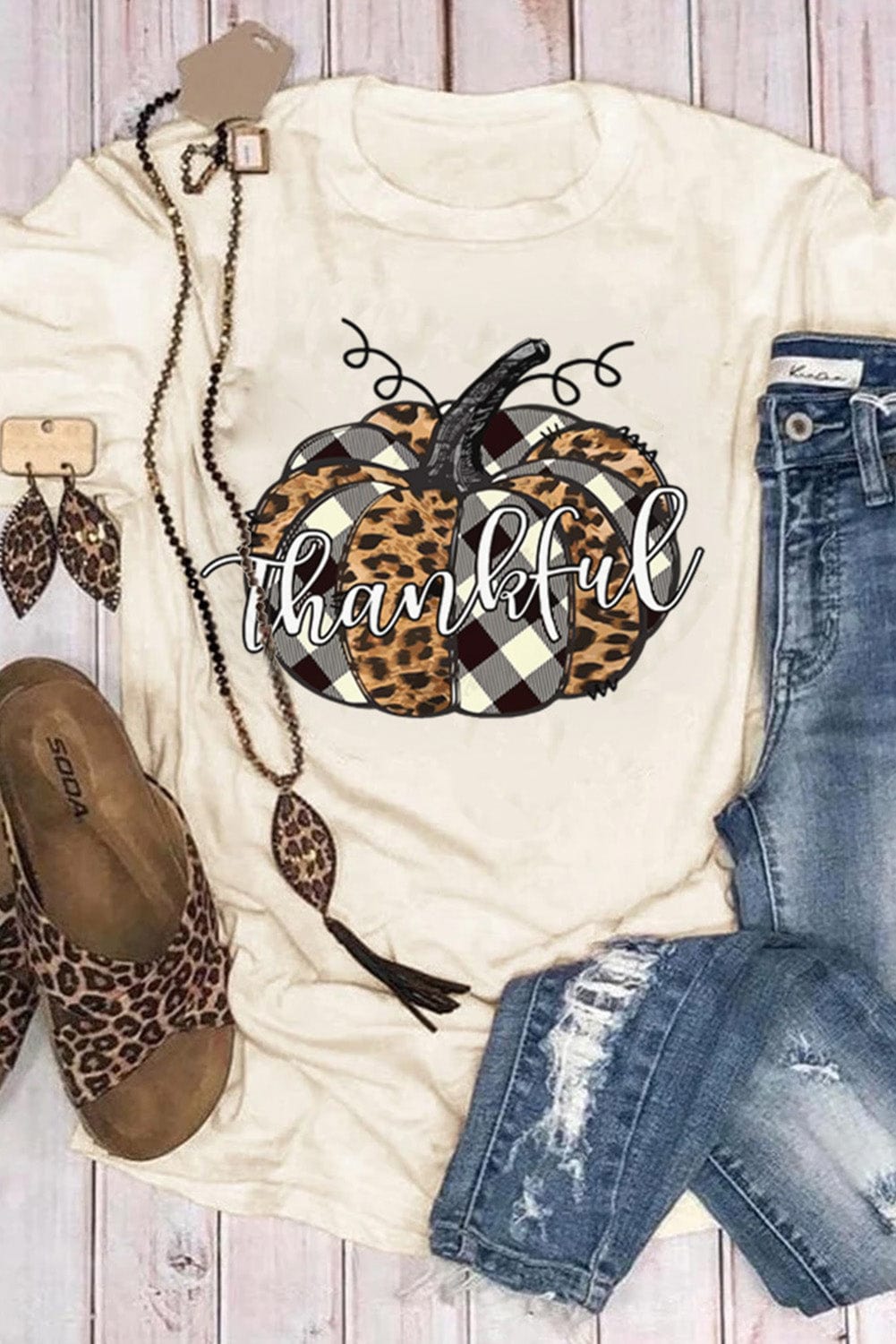 Khaki Thankful Pumpkin Graphic Tee with Plaid and Leopard Print