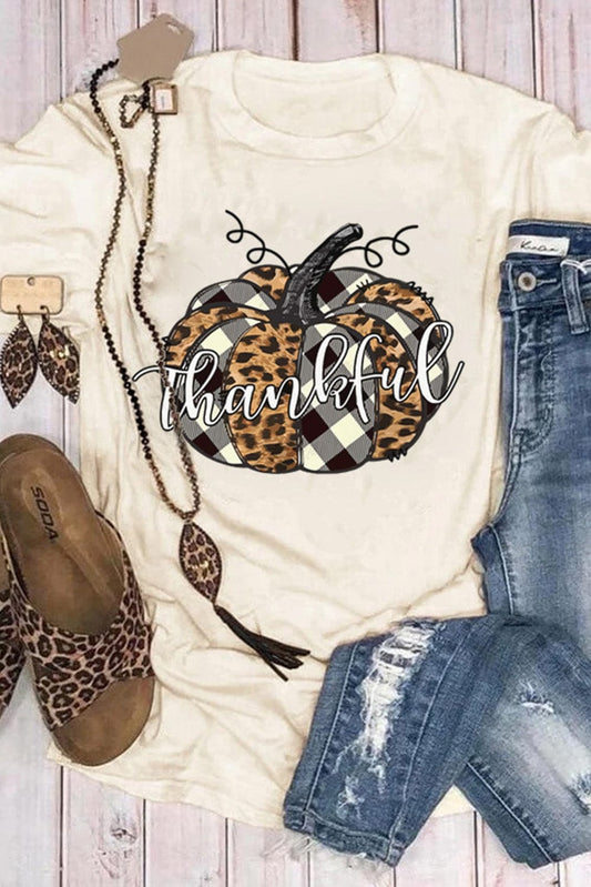 Khaki Thankful Pumpkin Graphic Tee with Plaid and Leopard Print