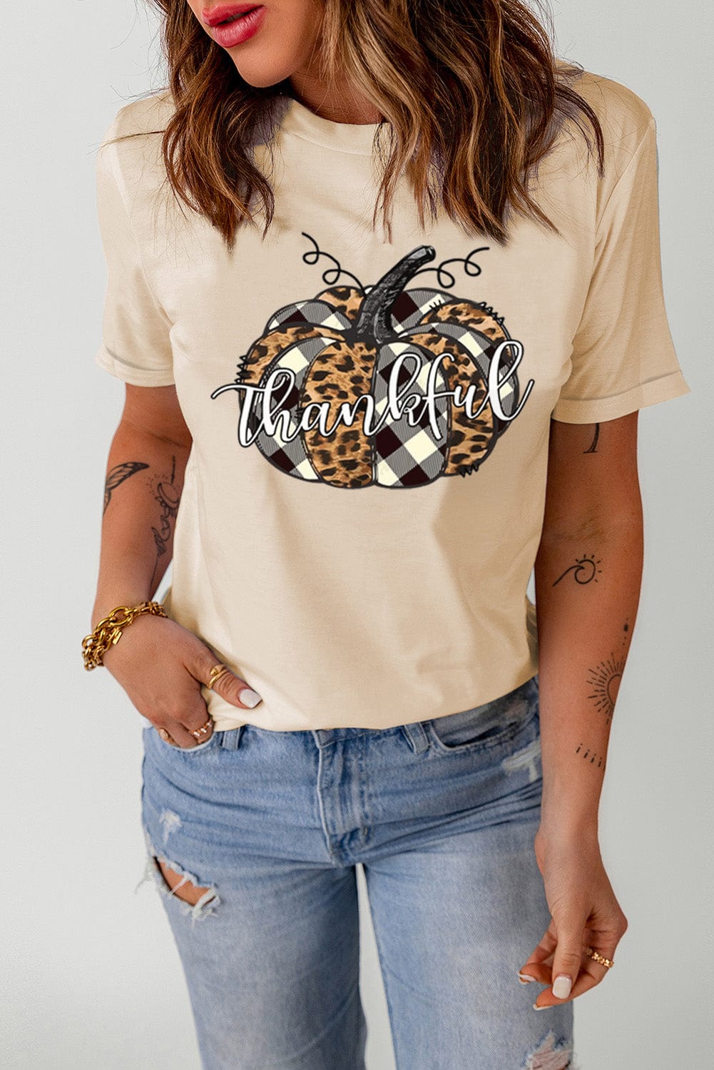 Khaki Thankful Pumpkin Graphic Tee with Plaid and Leopard Print