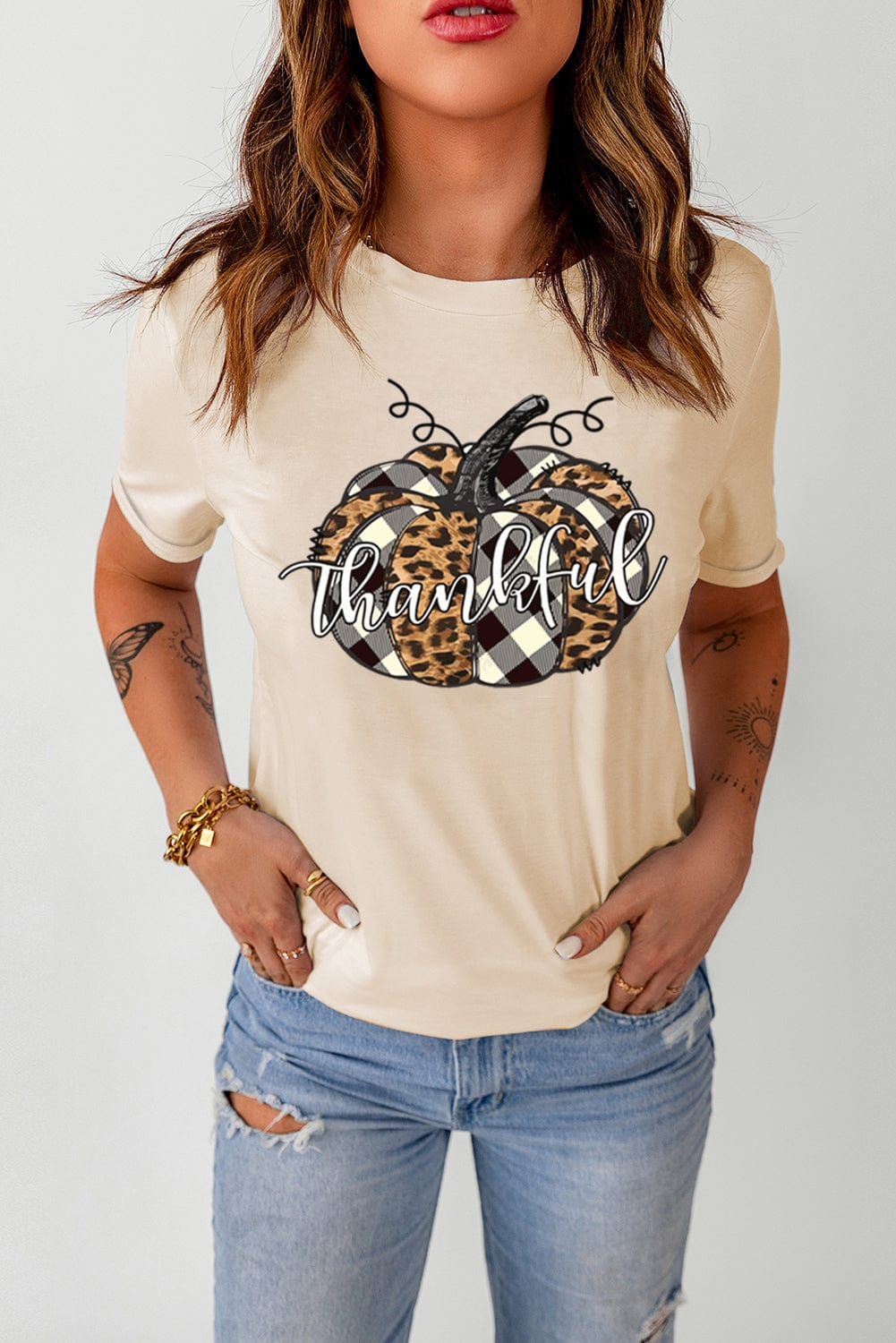 Khaki Thankful Pumpkin Graphic Tee with Plaid and Leopard Print