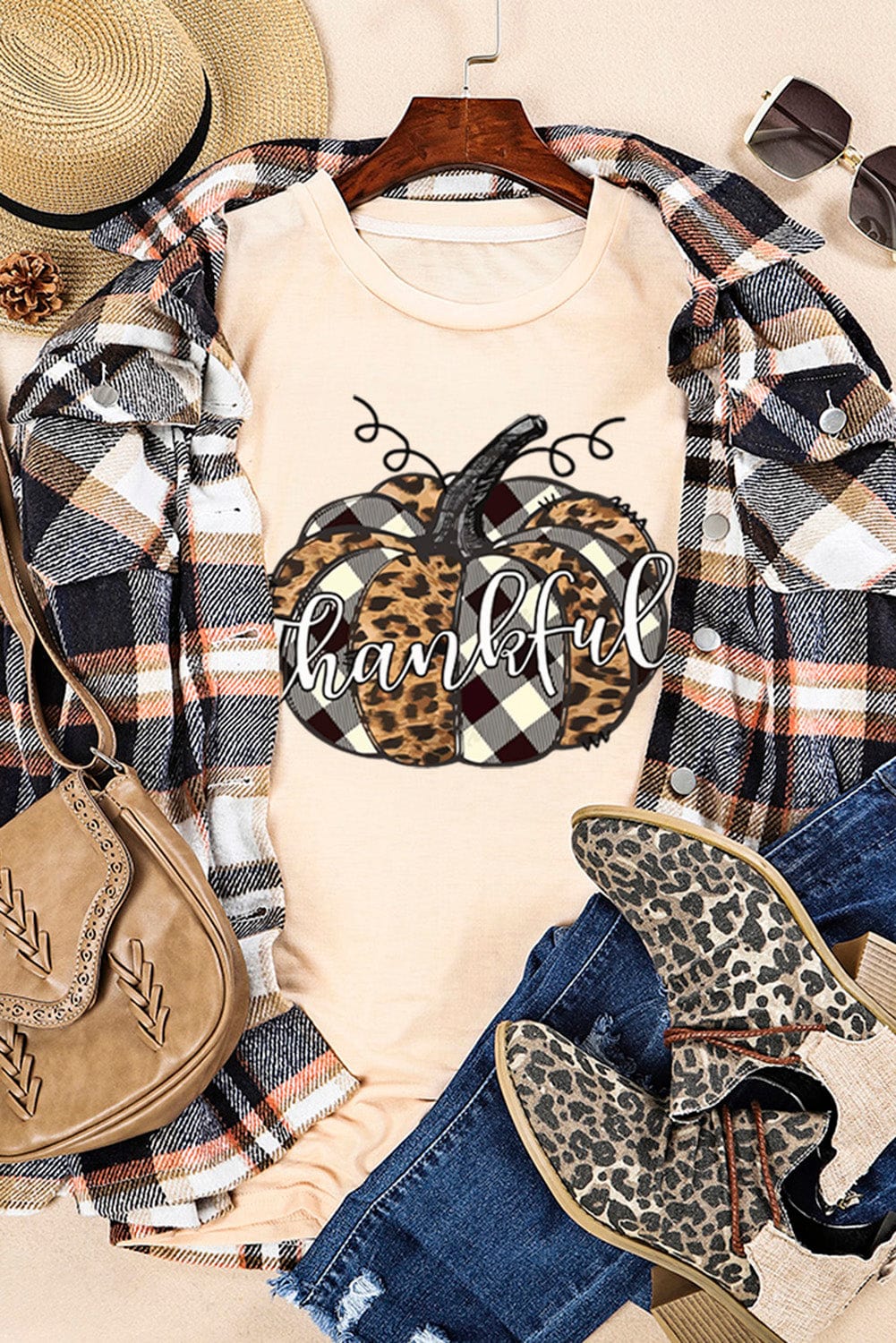 Khaki Thankful Pumpkin Graphic Tee with Plaid and Leopard Print